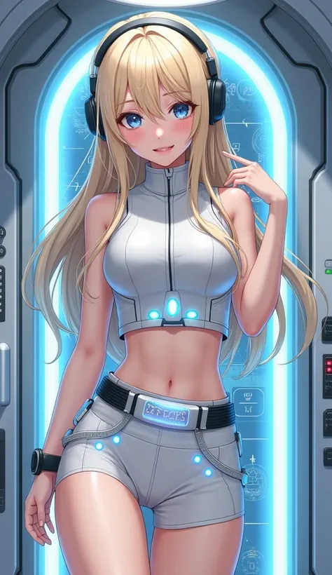 Detailed anime illustration, pixiv style,anime love-live style, zero gravity space. Woman dressed in white spaceship high-tech capsule, cold sleep device. Japanese woman, blonde long hair, blush,shy,wearing futuristic underwear with biosensors and circuit ...