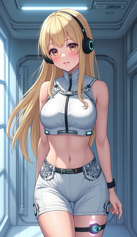 Detailed anime illustration, pixiv style,anime love-live style, zero gravity space. Woman dressed in white spaceship high-tech capsule, cold sleep device. Japanese woman, blonde long hair, blush,shy,wearing futuristic underwear with biosensors and circuit ...