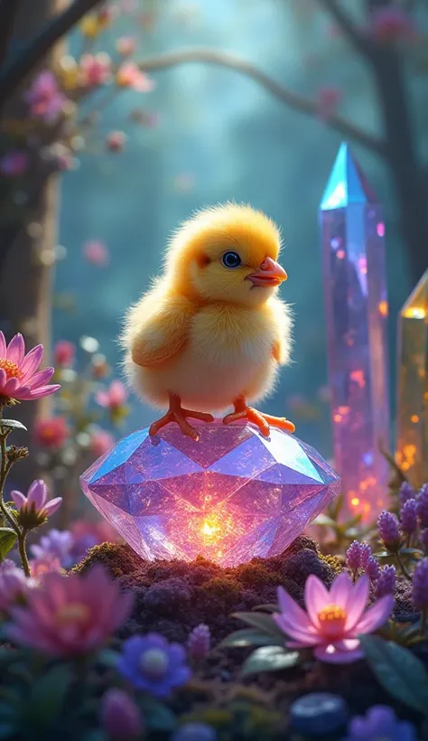 A yellow baby chick on top of a colored crystal that shines in a magical and colorful forest filled with sparkling crystals and flowers 