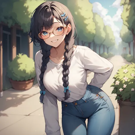 a female with long black hair that is tied in double braids and light blue eyes and pale skin. she wears rounded glasses and is wearing a long sleeve white tshirt and blue jeans. she is smiling and blushes at you while standing outside a college school.