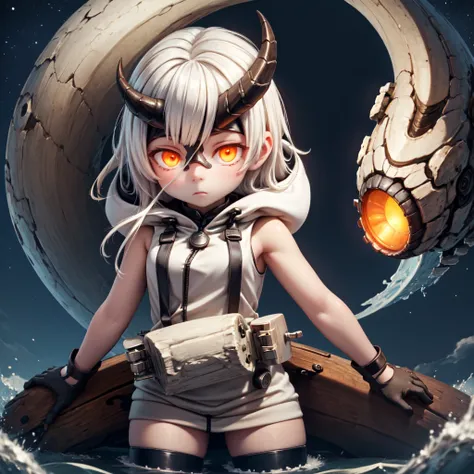 (masterpiece, best quality:1.2), night, star \(sky\), solo, 1girl, kcheavycruiser, white skin, expressionless, looking at viewer, wading, asymmetrical horns, orange eyes, glowing eyes, sleeveless, hood, gloves, striped thighhighs 