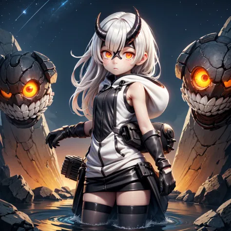 (masterpiece, best quality:1.2), night, star \(sky\), solo, 1girl, kcheavycruiser, white skin, expressionless, looking at viewer, wading, asymmetrical horns, orange eyes, glowing eyes, sleeveless, hood, gloves, striped thighhighs 