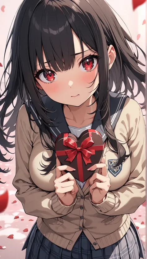  Valentine、 pink background、Holding a box of wrapped chocolates in both hands、 girl 、 shameful expression 、school uniform, Cardigan、 check skirt、petals effects、spoken heart、from front、( slim, cute young woman,  medium breasts, black hair、 Princess cut hair...