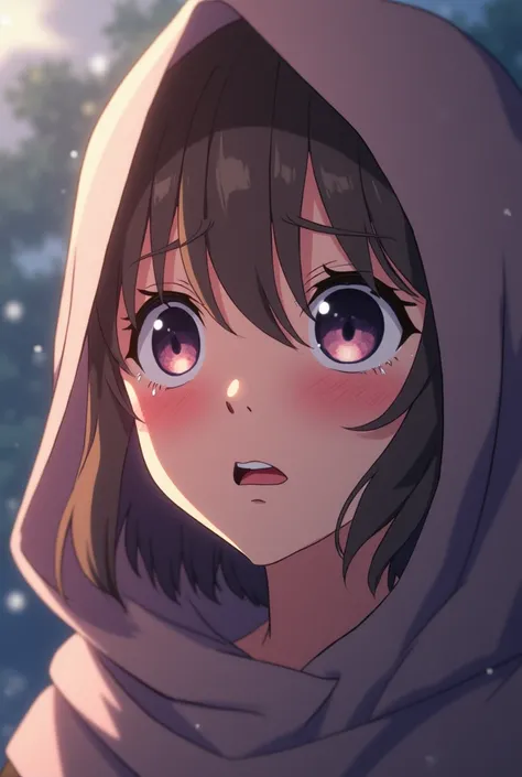 Close-up shot in Maria Madalena anime with flowing Muslim clothes,  wide eyes ,  Tears Dripping 