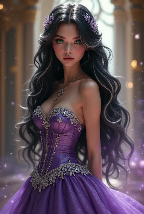 Princess,  fair skin ,  Green Eyes Pants,  long black hair with white highlights ,  shiny purple long dress with silver, sleeveless and corset 