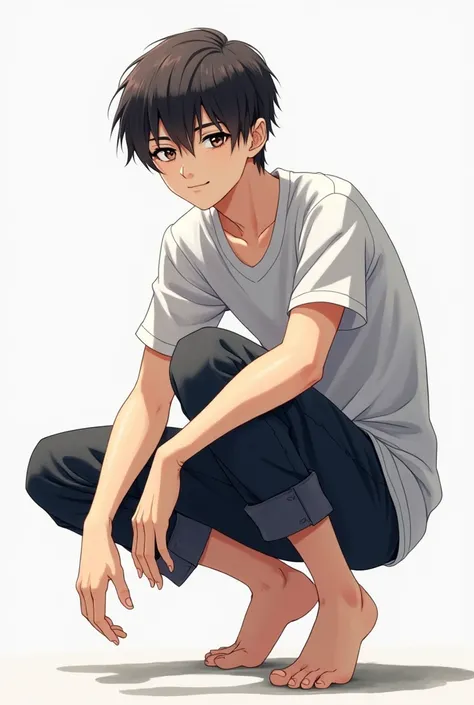 Anime male squating down barefoot