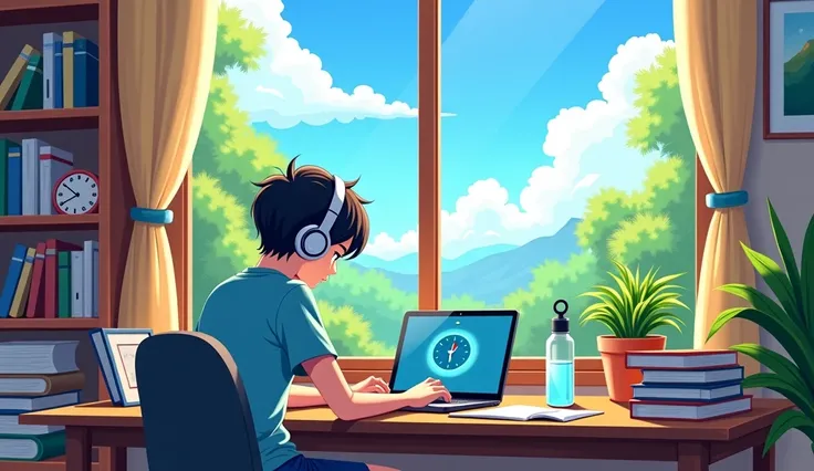 An anime-style illustration of a cozy study setup featuring a student immersed in studying. The character, a young adult with headphones, sits at a wooden study table with a sleek laptop open, a water bottle nearby, and a small timer ticking away. The sett...