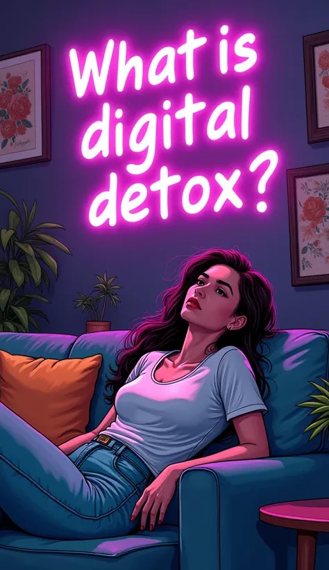 Comic book art a Spanish woman at home in her lounge on a couch relaxing with a purple neon "What Is Digital Detox"