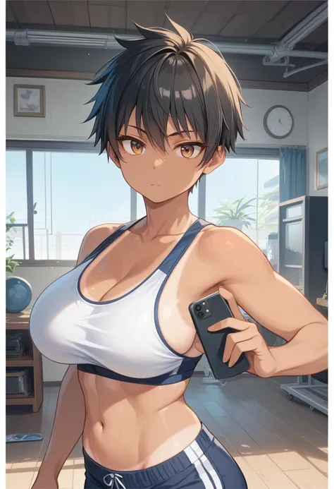   1 girl, Alone,    Millimeter Open Mature Woman,  big breasted ,   Wide Hips ,  curvy,   tomboy girl ,   straight hair,   short hair  ,  short bang ,    black hair ,    expressionless 、  　　Tan Line　girl, Athletics, running, best quality, very aesthetic, u...