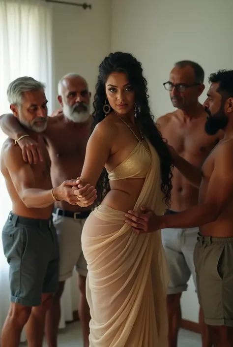 hot slim curvy white south indian milf with long single plaited hairstyle, big breast, big hip, very big ass, thick thighs, woman wearing sexy transparent saree, sexy pose, group of indian fat old man standing hugging woman, in white blank room, woman look...