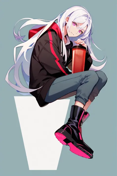 anime, 1 girl, slender body,  long hair ,  long hair,  white hair, pink eyes, sweatshirt de capuz, sweatshirt, sweatshirt justo, pants escura, pants,high boots, quudere, kind,  simple background, sitting, 