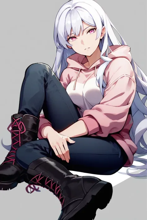 anime, 1 girl, slender body,  long hair ,  medium breasts,  long hair,  white hair, pink eyes, sweatshirt de capuz, sweatshirt, sweatshirt justo, pants escura, pants,high boots, quudere, kind,  simple background, sitting, 