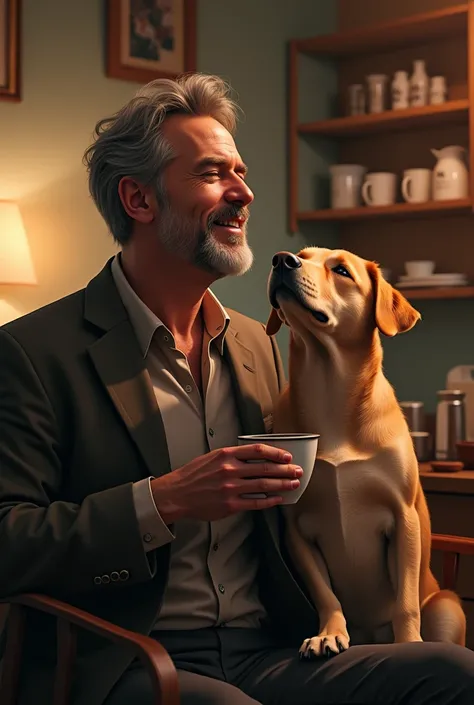 A man who is singing,who ha dog and coffee 