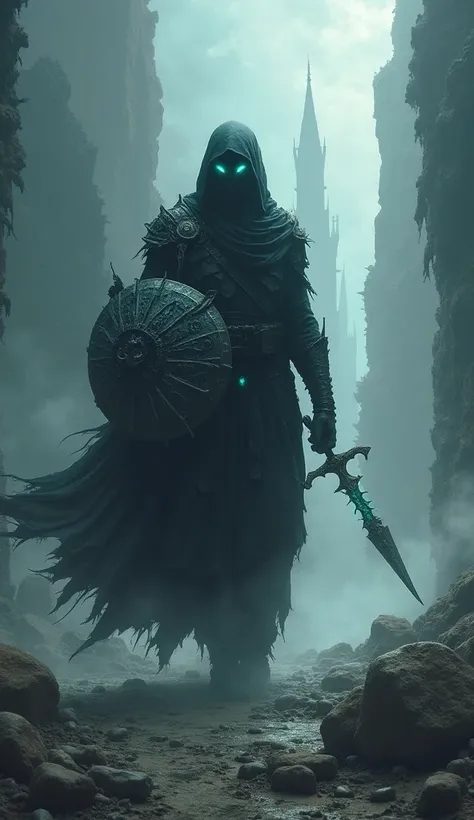 A lone warrior, known as the Broken Shadow, emerges from the remnants of a shattered realm. His figure is cloaked in dark, tattered robes that ripple like smoke, blending him into the ethereal void of his surroundings. His fragmented armor glimmers faintly...