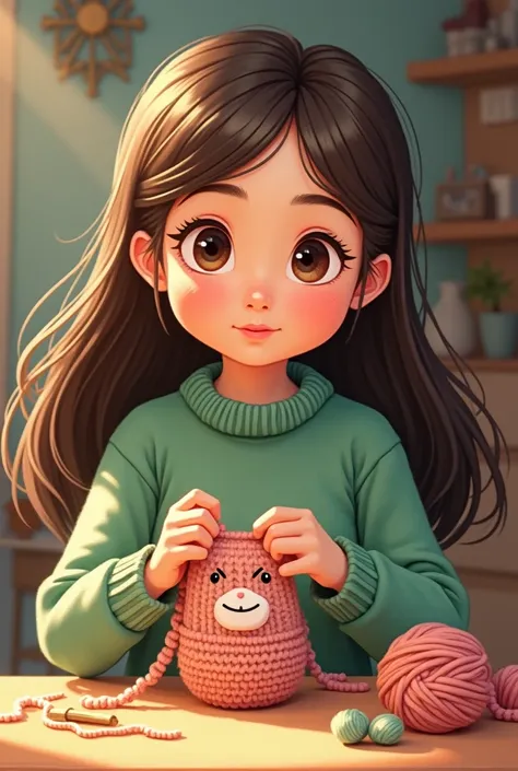 Create a logo with an image of an animated girl. White skin, long brown hair. Wearing a green sweater set. Crocheting a plushie toy