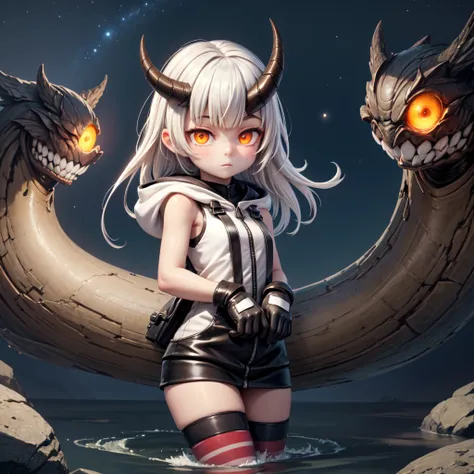 (masterpiece, best quality:1.2), night, star \(sky\), solo, 1girl, kcheavycruiser, white skin, expressionless, looking at viewer, wading, asymmetrical horns, orange eyes, glowing eyes, sleeveless, hood, gloves, striped thighhighs 