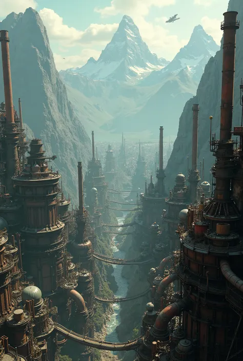 An image of a steampunk cityscape looking down from a high place