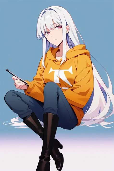 anime, 1 girl, slender body,  long hair ,  medium breasts,  long hair,  white hair, pink eyes, sweatshirt de capuz, sweatshirt, sweatshirt justo, pants escura, pants,high boots, quudere, kind,  simple background, sitting, half body