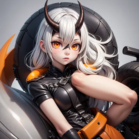 kcheavycruiser, white skin, asymmetrical horns, orange eyes