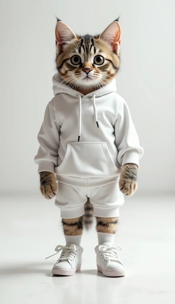   A realistic and cute cat ,  that stands on their hind legs  ,   forward, she;   wears a short  , Club Outfit. . white sneaker socks and  、  I wear pure white sneakers  .  has soft fur mixed with white and black spots .  Erhöhen she die Niedlichkeit Ihrer...