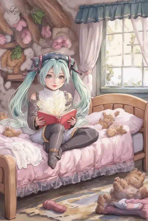 (Masterpiece、 best quality、 best quality、 Official Art、  beautiful and beautiful  :1.2)、(一人の girl :1.3) Hatsune Miku、 twin tails, beautiful breasts ,   shot from the ground with both hands 　 carpet　 In the room　 room with lots of stuffed animals  　Fluffy p...