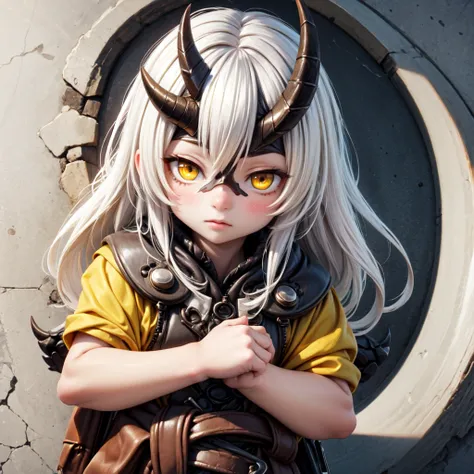 kcheavycruiser, solo, 1girl, white skin, asymmetrical horns, yellow eyes