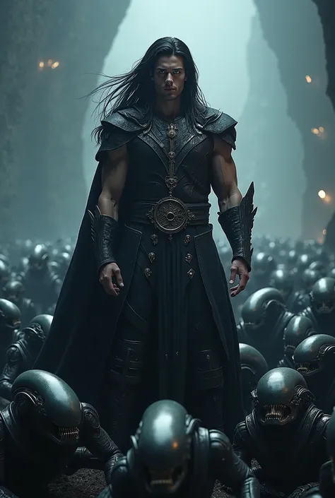 A tall, muscular and handsome young man with long black hair, blue eyes and an angular face, wearing black medieval clothing and surrounded by kneeling Xenomorphs