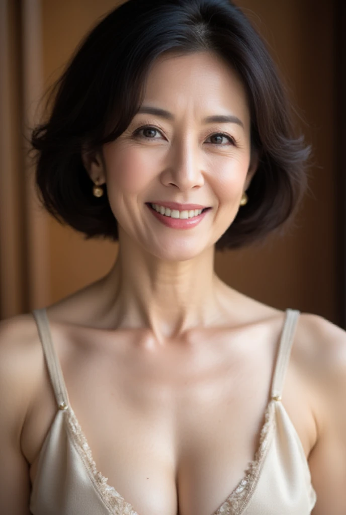 Mature Woman、 Japanese、48 years old、 A woman wearing a vintage satin costume accented with a satin ribbon on the chest、 Upper Body Closeup 。Short bob hair with curly hair 、 An impressive face with a gentle expression and fine smiles 。 high resolution、maste...