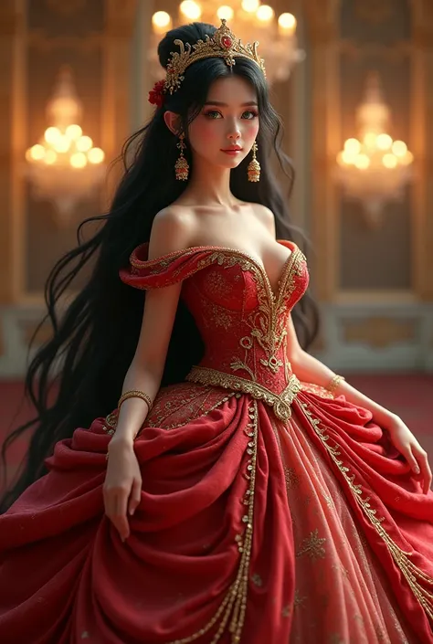 Princess, red and gold ball gown, Opele Branca,  Green Eyes Pants, long black hair with ornaments 