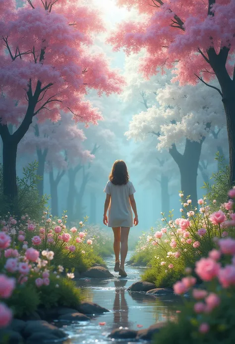  A realistic woman walking through an enchanting forest .  The surrounding trees are blooming with vibrant flowers in shades of pink, white and lilac,  creating a serene and magical atmosphere .  The ground is covered with leaves and small flower buds . In...