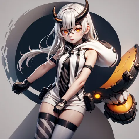 kcheavycruiser, solo, 1girl, white skin, asymmetrical horns, orange eyes, sleeveless, hood, gloves, striped thighhighs