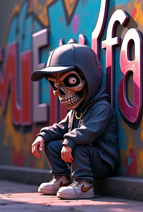 Graffiti lettrage emir avec graffeur avec personnage animé 3d look hip hop casquette emir7fa7 ecrit dessus en couleur chrome,masque tête de mort qui pleure