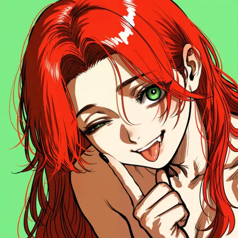 by Hoshi San 3, by Kotteri, (by umikochannart:0.9), sketch, limited palette, 1girl, sophia\(manus vindictae\)\(reverse:1999\), long hair, red hair, green eyes, nudity, sfw, finger to cheek, tongue out, wink, smile, fang, teeth, yandere, black fingernails, ...