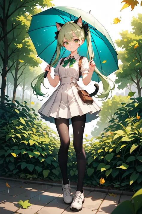 4k anime style, Smooth anime CG, 8k anime, Best quality, High resolution,Superdetail,Perfect light,ager Anime, twintails,light green hair, dark green eyes, light green animal cat ears,cat tails,medium chest, Beautiful waist,She wearing white pleated mini-s...