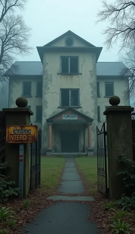 An abandoned and imposing sanatorium building, surrounded by thick mist and overgrown vegetation. The building is weathered, with cracked walls and broken windows. A rusted sign near the entrance reads 'Entrée Interdite'. The atmosphere is eerie and forebo...