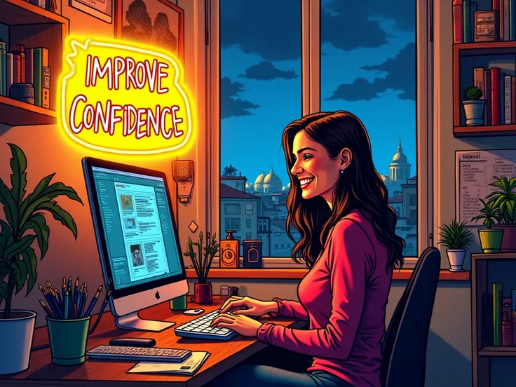 Comic book art of a Spanish woman at home in a cozy home studio on a computer smiling with yellow and black noen sign “Improve Confidence”