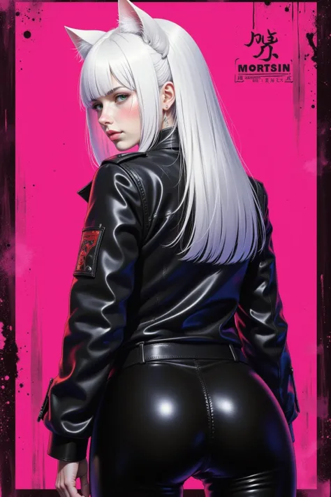 1girl, cat ears, white hair, yellow eyes, pale skin, leather jacket, latex pants, huge ass, look back at viewer, standing, from behind, highlights, dark, glowing, artistic, lineart, cyberpunk style, pink grunge background