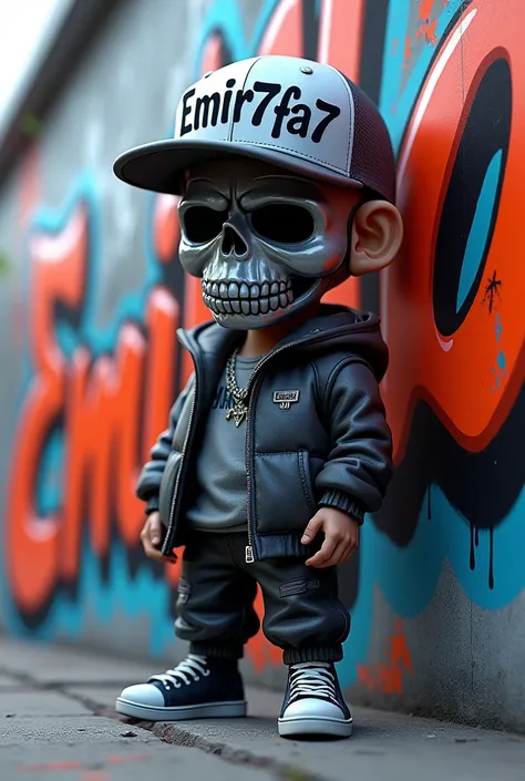 Graffiti lettrage emir avec graffeur avec personnage animé 3d look hip hop casquette emir7fa7 ecrit dessus en chrome,masque tête de mort qui as une larme