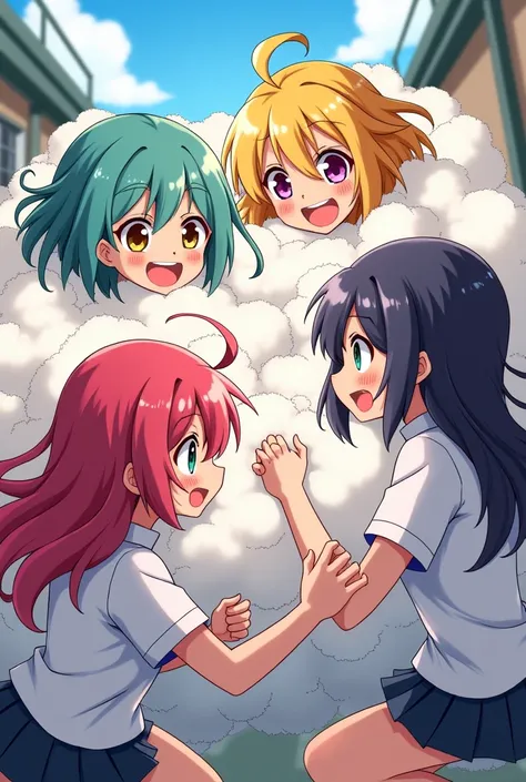 An anime-style illustration depicting many gang-girls playfully wrestling with each other inside a school comical fight cloud.
each gang-girl has different colored hair.
their faces,hands,and feet are visible emerging from the cloud as they tussle humorous...