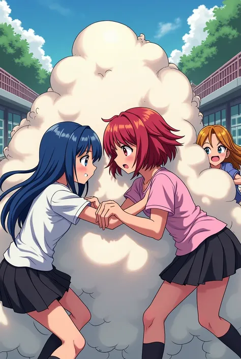 An anime-style illustration depicting many gang-girls playfully wrestling with each other inside a school comical fight cloud.
each gang-girl has different colored hair.
their faces,hands,and feet are visible emerging from the cloud as they tussle humorous...