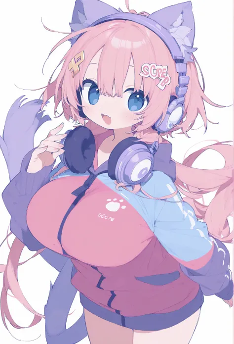  cute hair ornament、Cool woman with long twin-tail hair in “purple” color and cat ears、 headphones、pastel colored jerseys、 adult-like、 high school students、Big Breasts