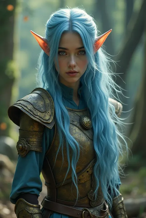 Upper body shot, female, pointy elf ears, white skin, sky blue hair, closed mouth, antique bronze armor, combat pose, dynamic pose, complex fantasy character, NSFW, cinematic lighting, fantasy, magic, detailed background, on a wooded battlefield, best qual...