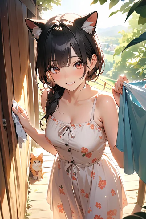 1 girl, (beautiful face), young woman, various hairstyles, (cheerful expression), (smile), medium breasts, slender, (wearing a casual summer dress), above knee length, (delicate skin), (hanging laundry:1.2), (underwear:1.2), 
BREAK 
sunny backyard, clothes...