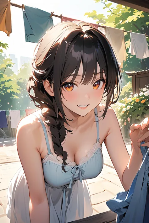 1 girl, (beautiful face), young woman, various hairstyles, (cheerful expression), (smile), medium breasts, slender, (wearing a casual summer dress), above knee length, (delicate skin), (hanging laundry:1.2), (underwear:1.2), 
BREAK 
sunny backyard, clothes...