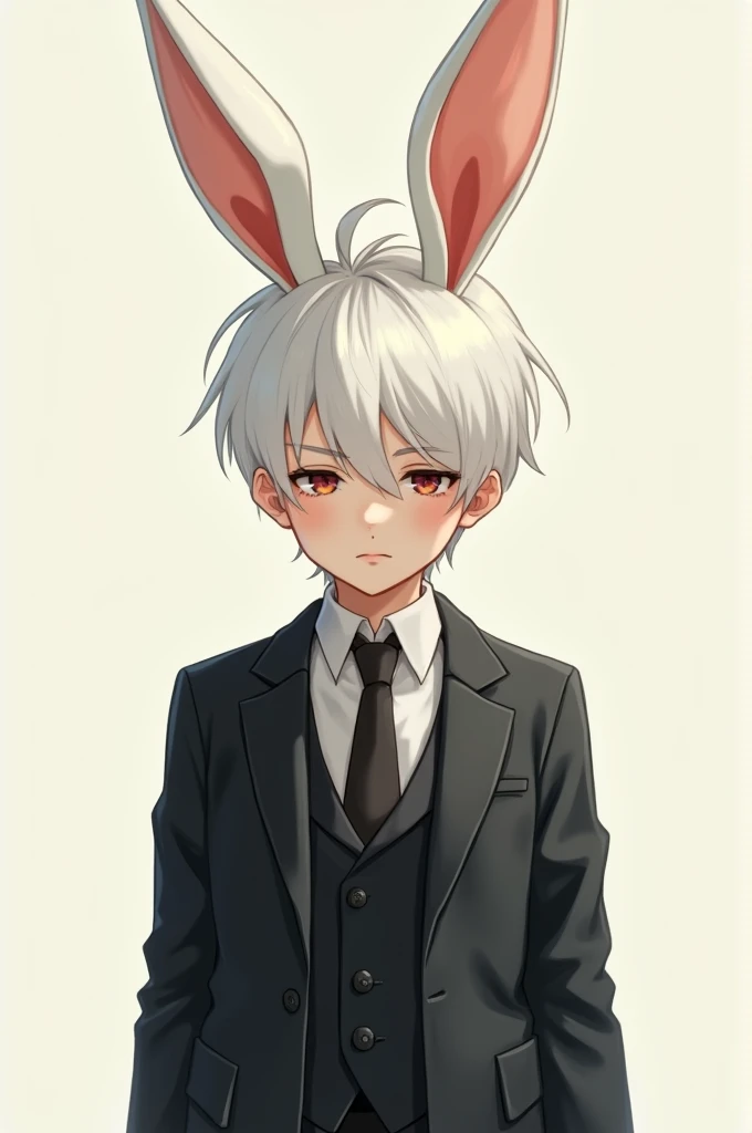 White-haired boy in a suit and he has a colorful rabbit ear.