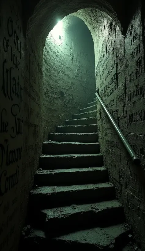 A narrow spiral staircase descending into darkness, with crumbling stone steps and a rusty handrail. The light from a flashlight illuminates damp, cracked walls covered in strange Latin inscriptions. The atmosphere is claustrophobic and foreboding, with fa...