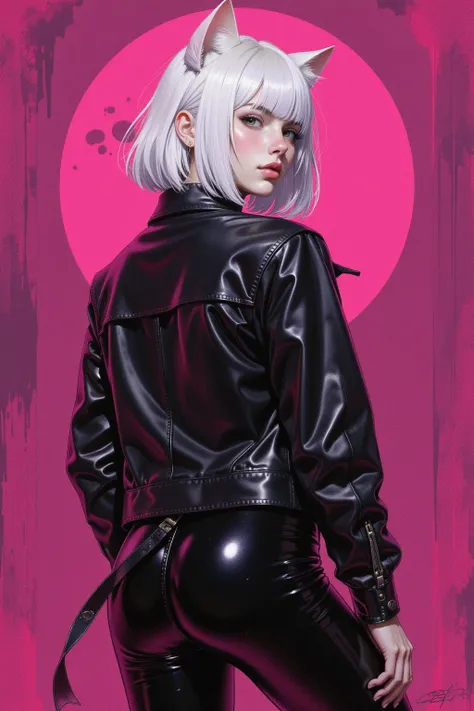 1girl, cat ears, white hair, yellow eyes, pale skin, leather jacket, latex pants, huge ass, look back at viewer, standing, from behind, highlights, dark, glowing, artistic, lineart, cyberpunk style, pink grunge background