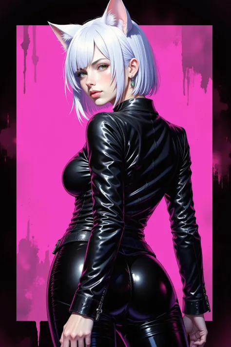 1girl, cat ears, white hair, yellow eyes, pale skin, leather jacket, latex pants, huge ass, look back at viewer, standing, from behind, highlights, dark, glowing, artistic, lineart, cyberpunk style, pink grunge background