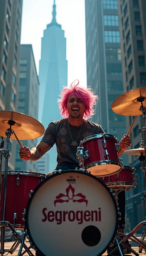 Drummer pria for thatpan wajah jawa,  pink mowhak hair , pakai jaket kulit hifor that sedang bermain drum warna hifor that. Right and left hands hold drumsticks.  complete drum set , snar, for that, Tom, bass, cymbals, hi hat.  In front of the bass drum th...