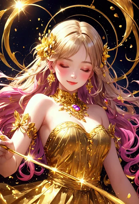 💖👧💋💋 Close Your Eyes and Smile、Sparkling golden powder effect ,  Artistic , Extreme, CG Digital Art